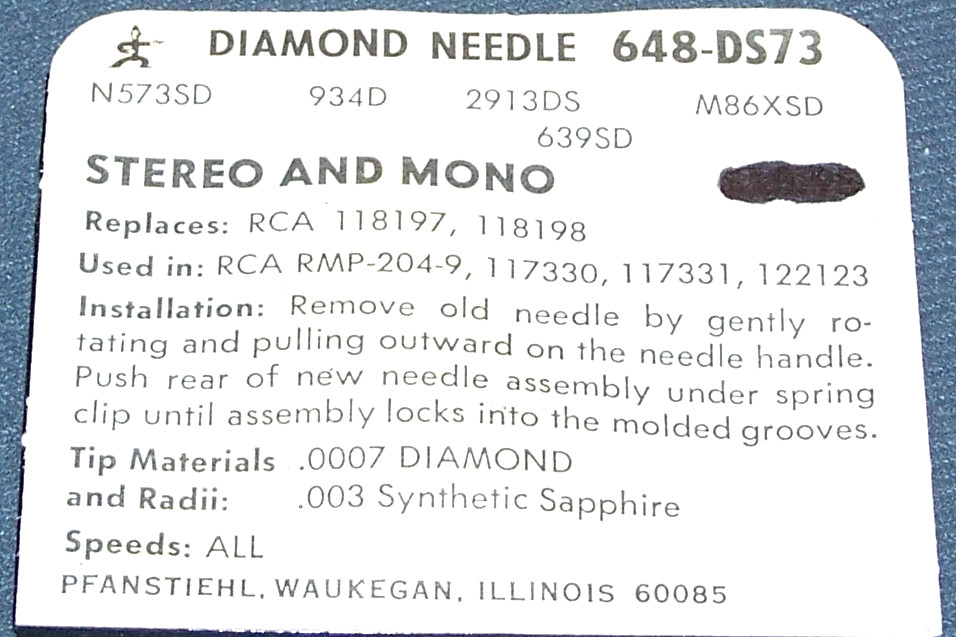 PHONOGRAPH RECORD PLAYER NEEDLE 648-DS73 for RCA 117331 RCA 118198 RCA RMP-204-9