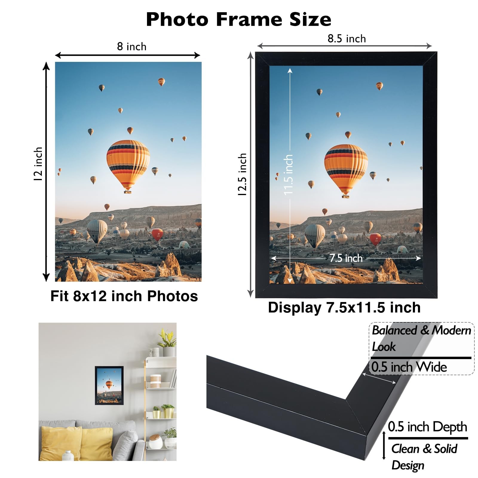 JCJMY 8×12 Picture Frame Black for Wall Hanging or Tabletop, inch,