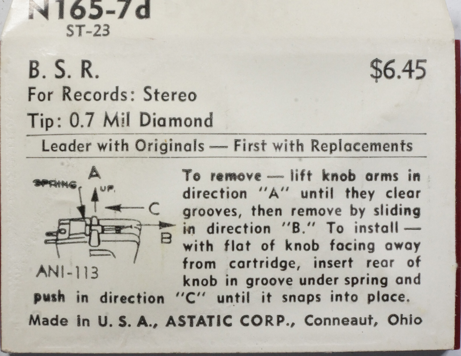 NOS Astatic N165-7d Diamond Needle for BSR ST23 ST-23 .7mil Stereo