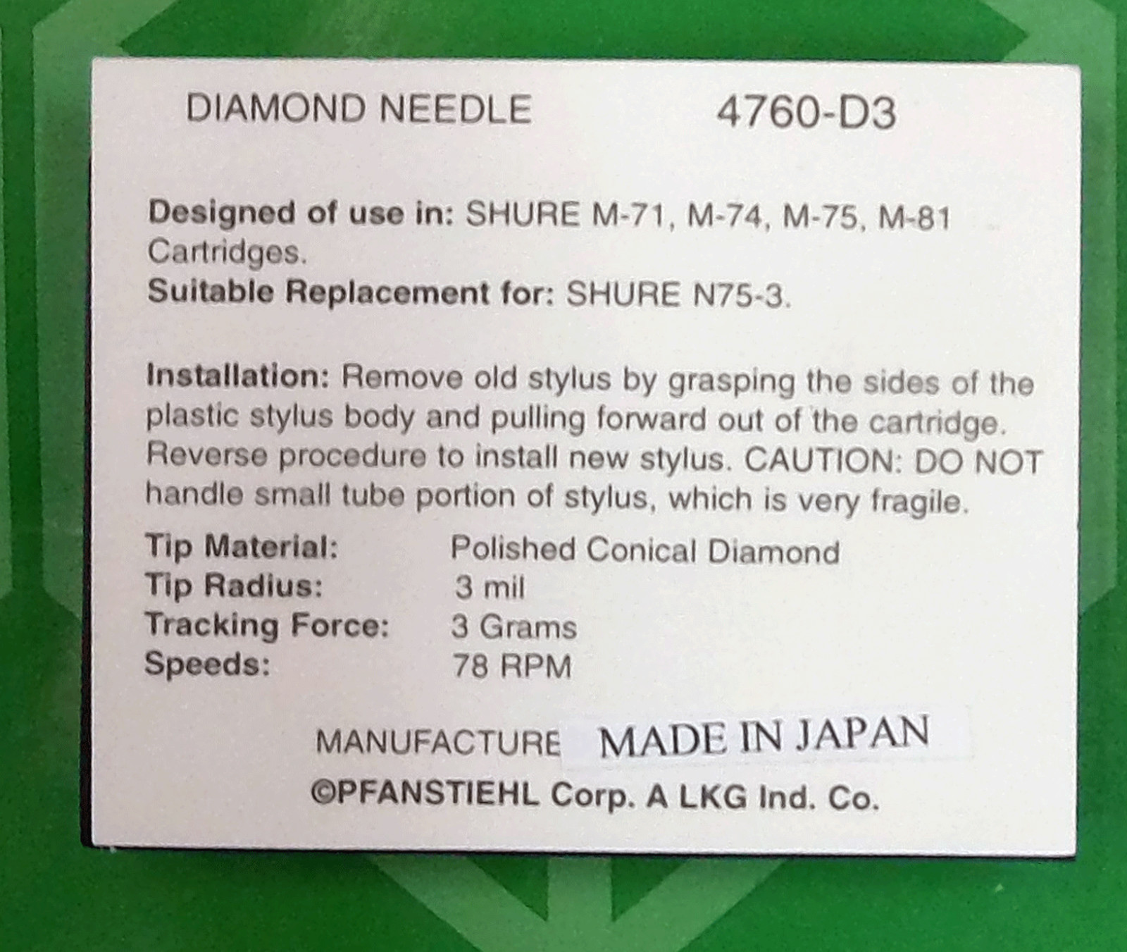 STYLUS NEEDLE 78 RPM Shure N74 N75 R1000ED RS-6E RS5E RS-6X M71 M75 M81 760-d3