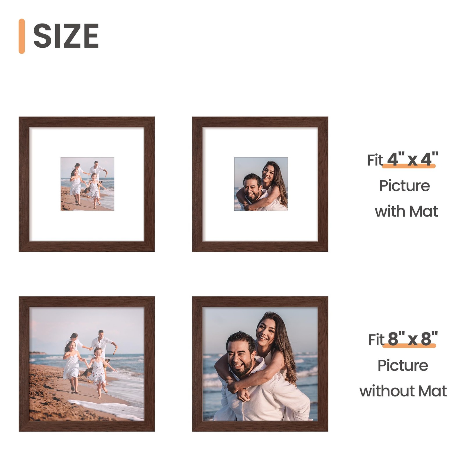 upsimples 8×8 Picture Frame, Display Pictures 4×4 with Mat or 8 x 8×8, Brown