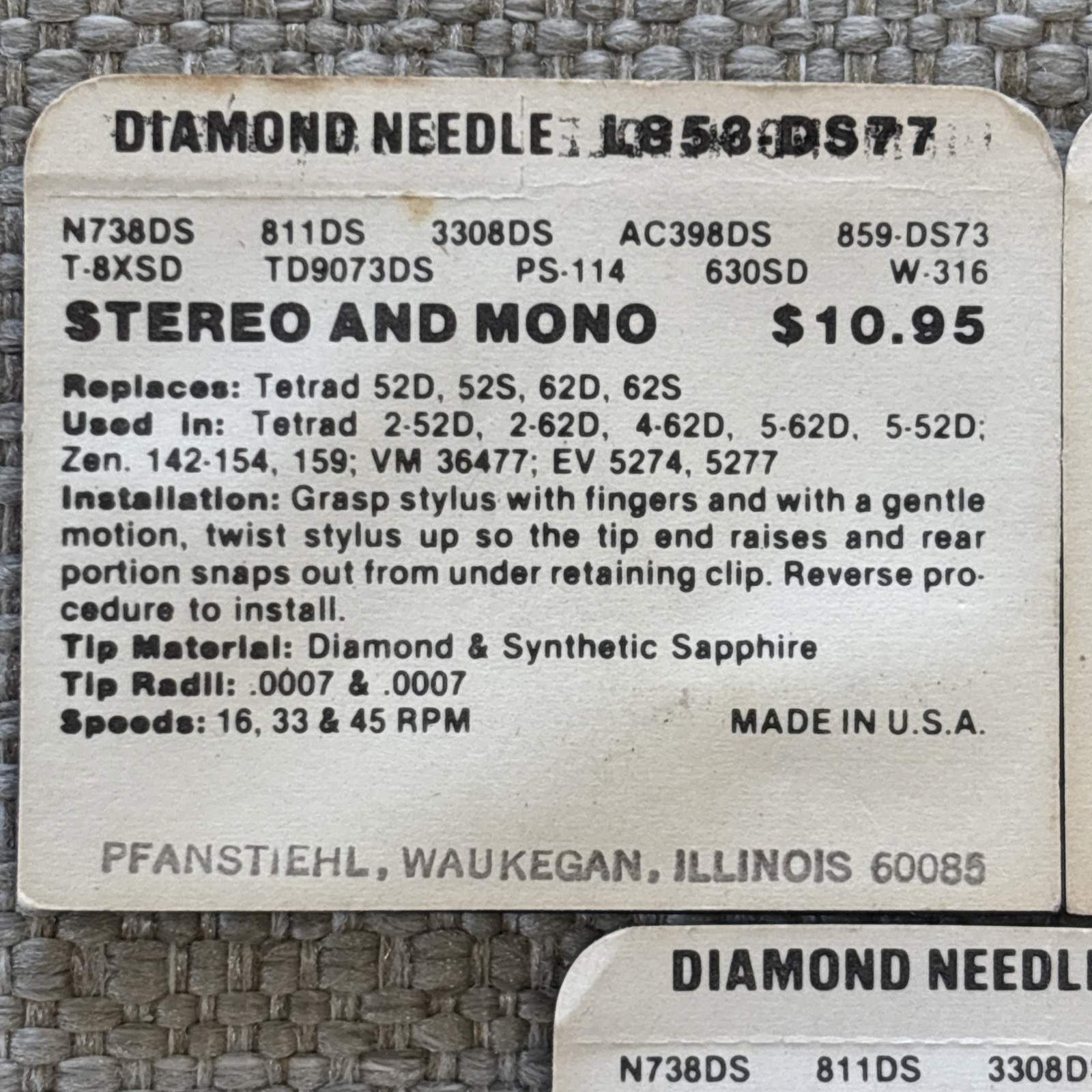 Pfanstiehl L853-DS77 Diamond Stylus Replaces TETRAD 52D, 52S, 62D, 62S – NOS (3)