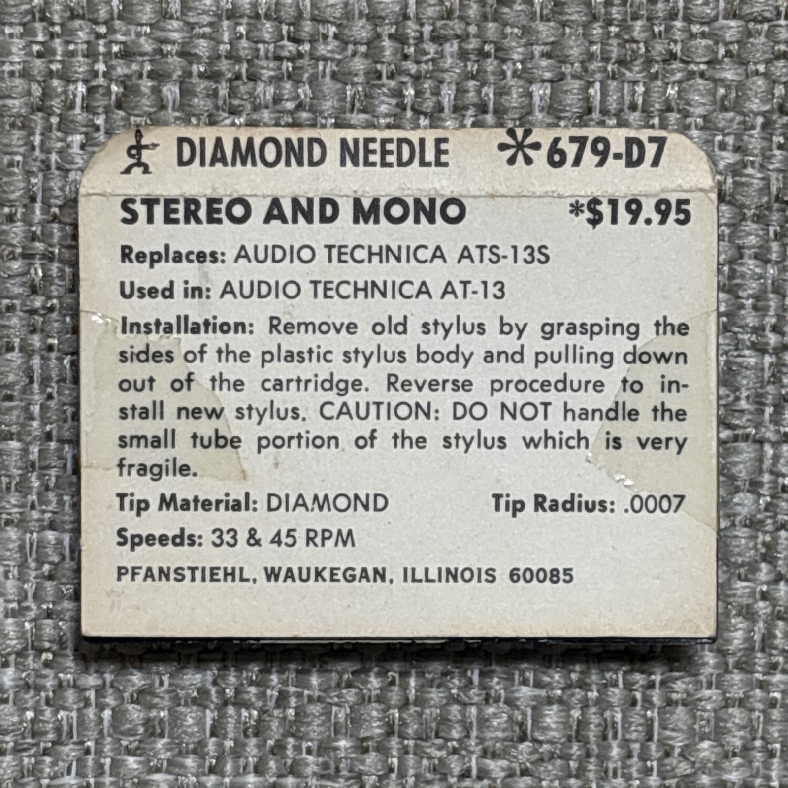 Pfanstiehl 679-D7 Diamond Stylus Replaces AUDIO TECHNICA ATS-13S For AT-13 NOS