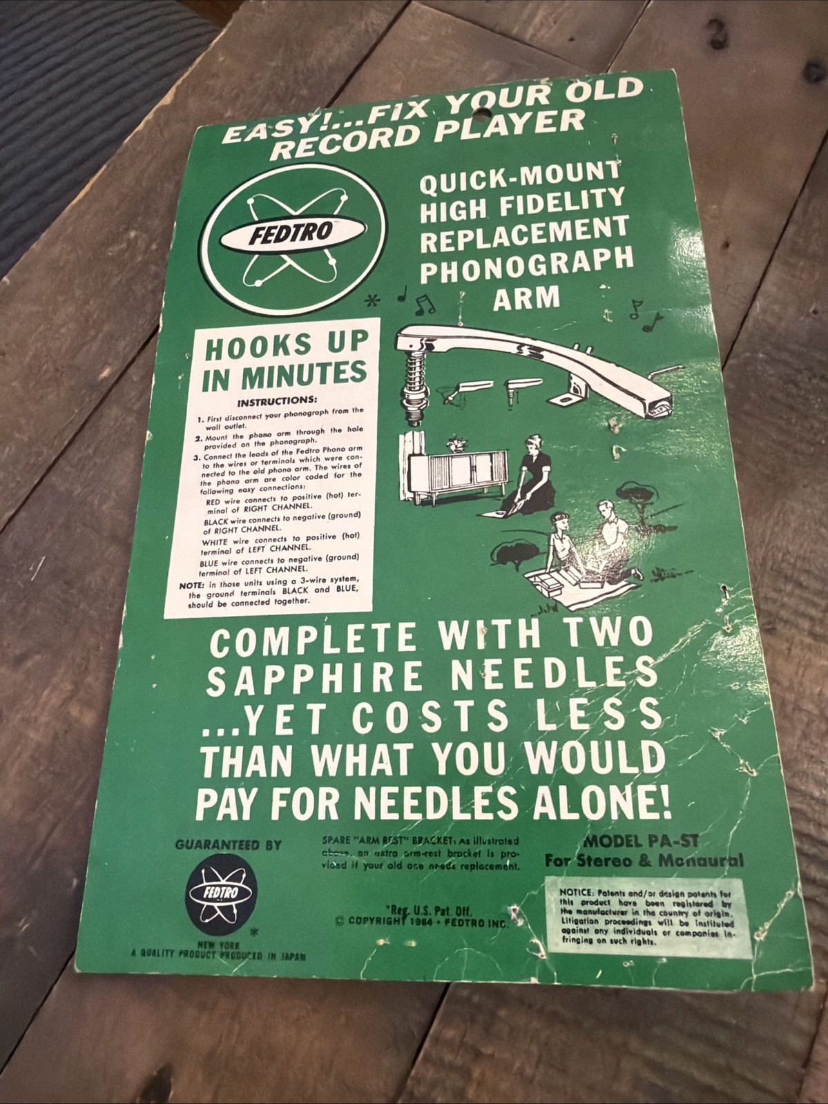 fedtro replacement phonograph hi-fidelity arm for stereo & monaural w- 2 needles