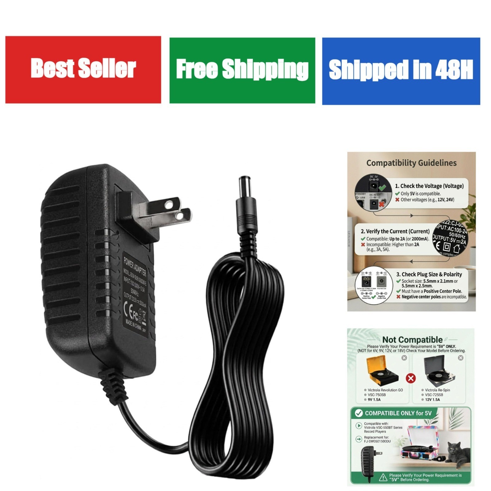 5V Power Cord for Victrola Record Player Replacement Charger
