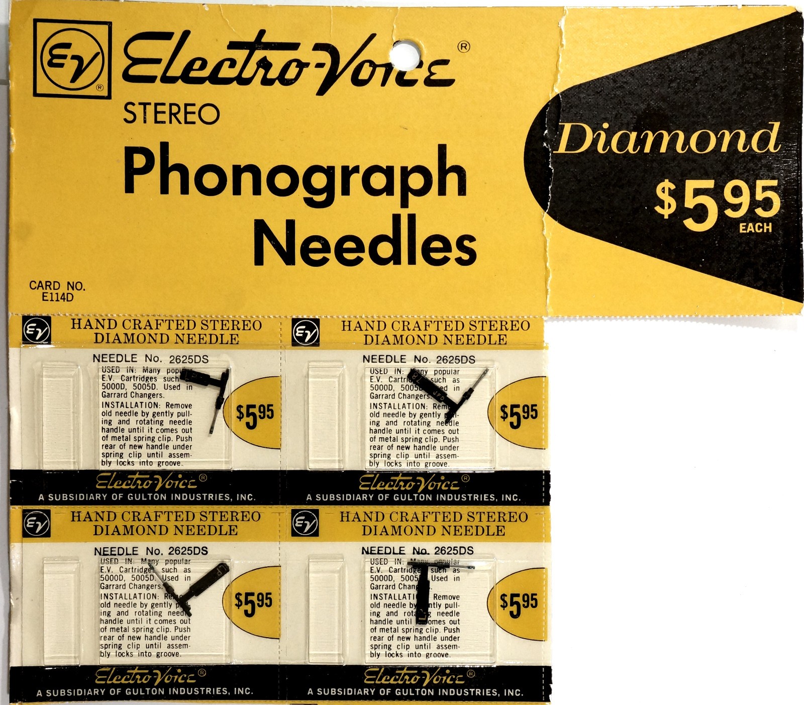 NOS Electro Voice EV 2625DS Needle x4 Retail Display Card for EVG 500D 5005D
