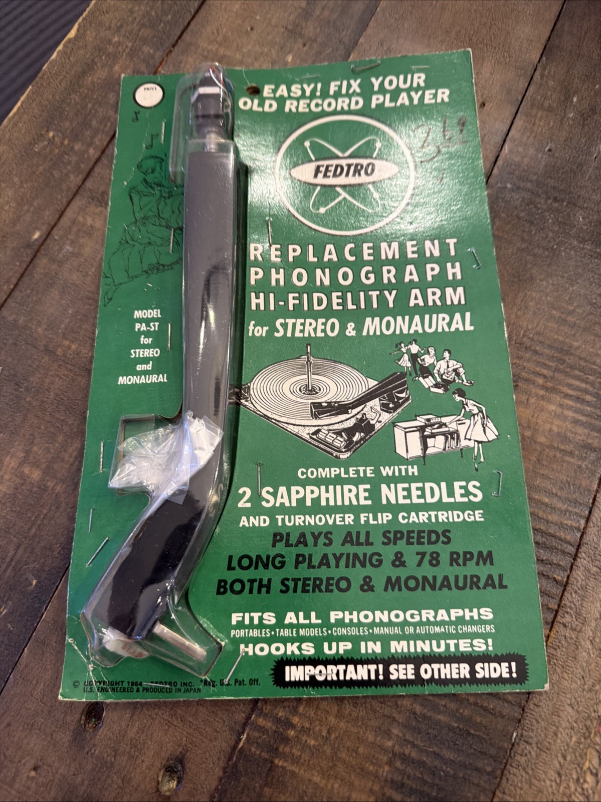 fedtro replacement phonograph hi-fidelity arm for stereo & monaural w- 2 needles