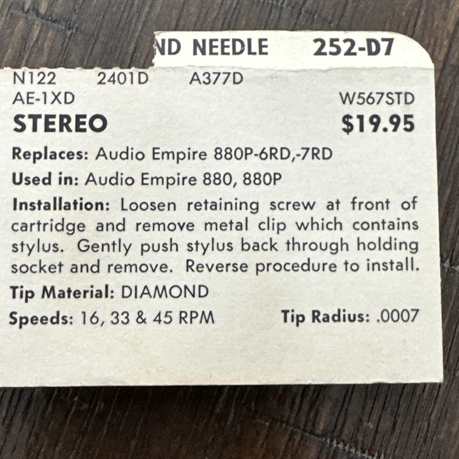 TURNTABLE STYLUS NEEDLE FOR EMPIRE 880 EMPIRE 880P CARTRIDGE 252-D7 New Old Stoc