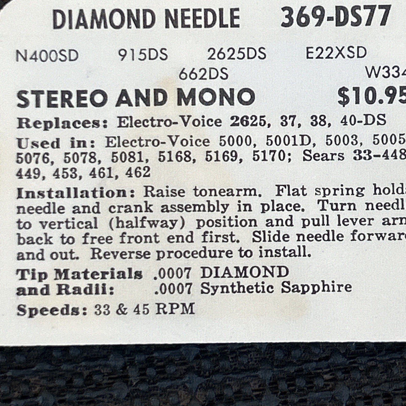 Zenith 369-DS77 Diamond Needle For Electro-Voice 5000 5001D Sears 33-448 Thru462