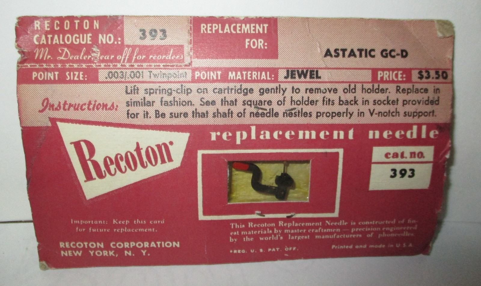 Recoton 393 Twin Point Jewel Needle for Astatic GC-D Players See Photo for List