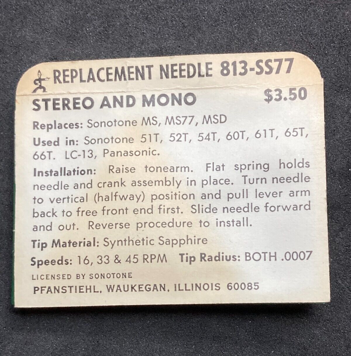PFANSTIEHL Record Needle Replacement #813-SS77, New Old Stock, Unopened