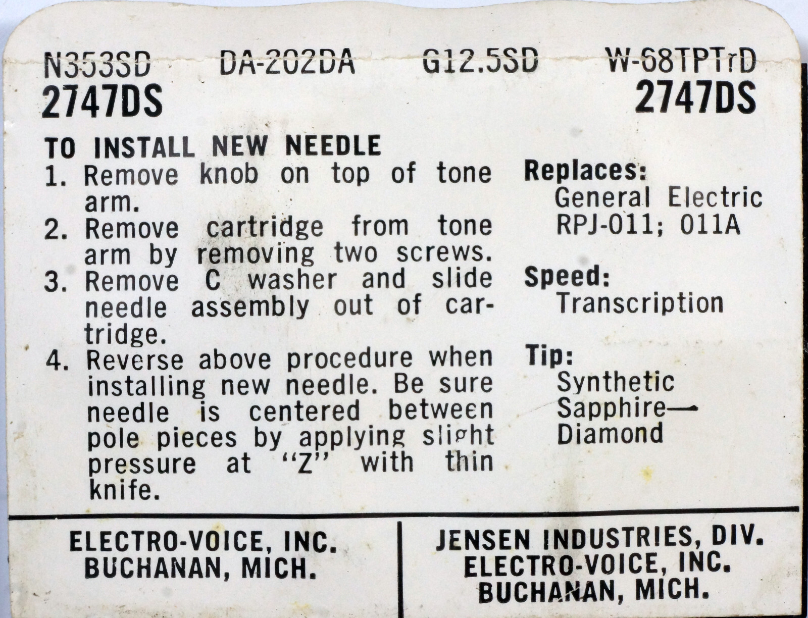 NOS Electro Voice EV 2747DS Needle General Electric VR RPX-40 RPJ-011