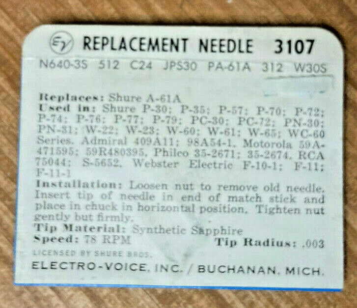 Electro-Volce Sapphire NEEDLE 3107(Pfanstiehl 752-S3)Shure A63MG A65MG A66U A67U