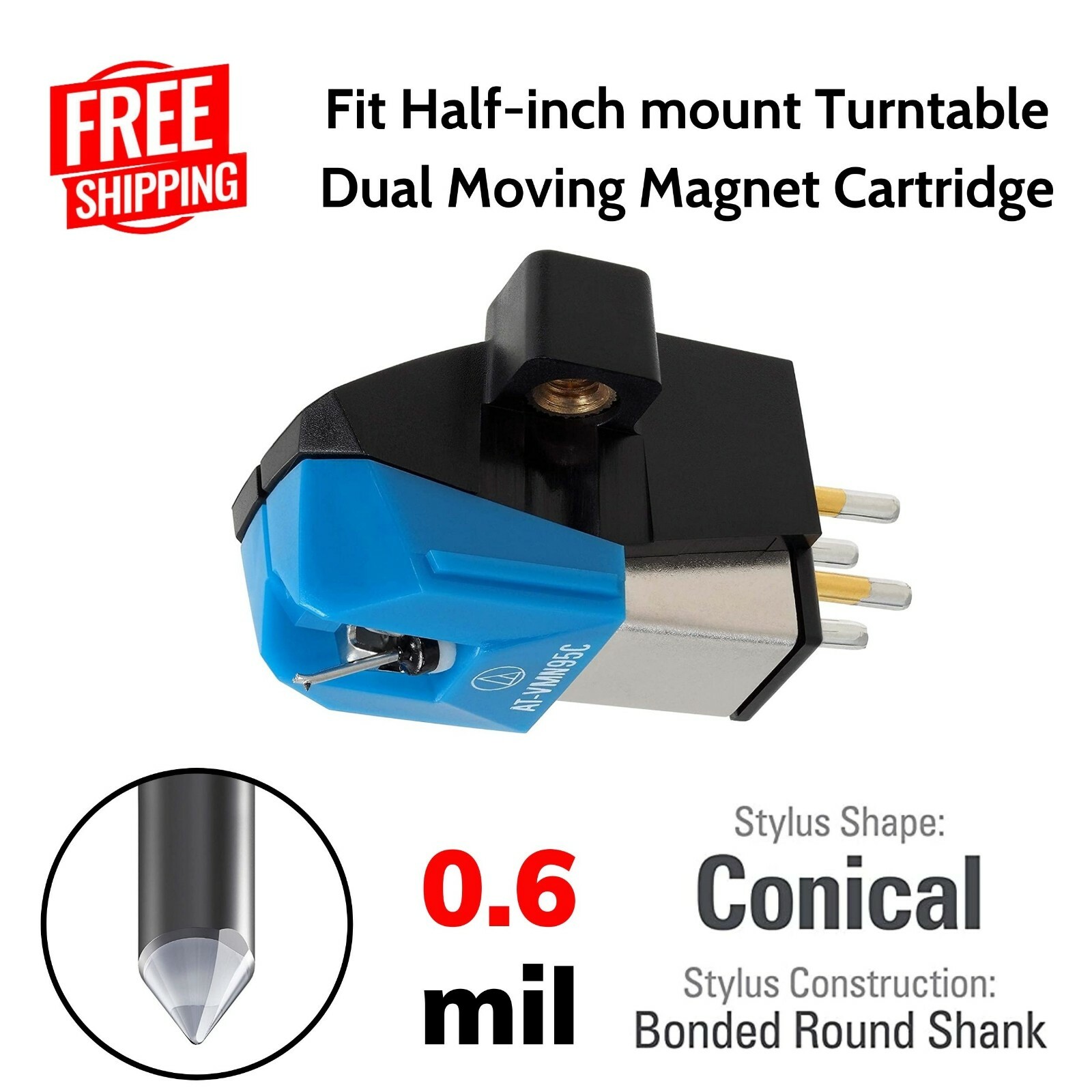 Dual Moving Magnet Cartridge 0.6 Mil Conical Stylus Half-inch Mount Turntables