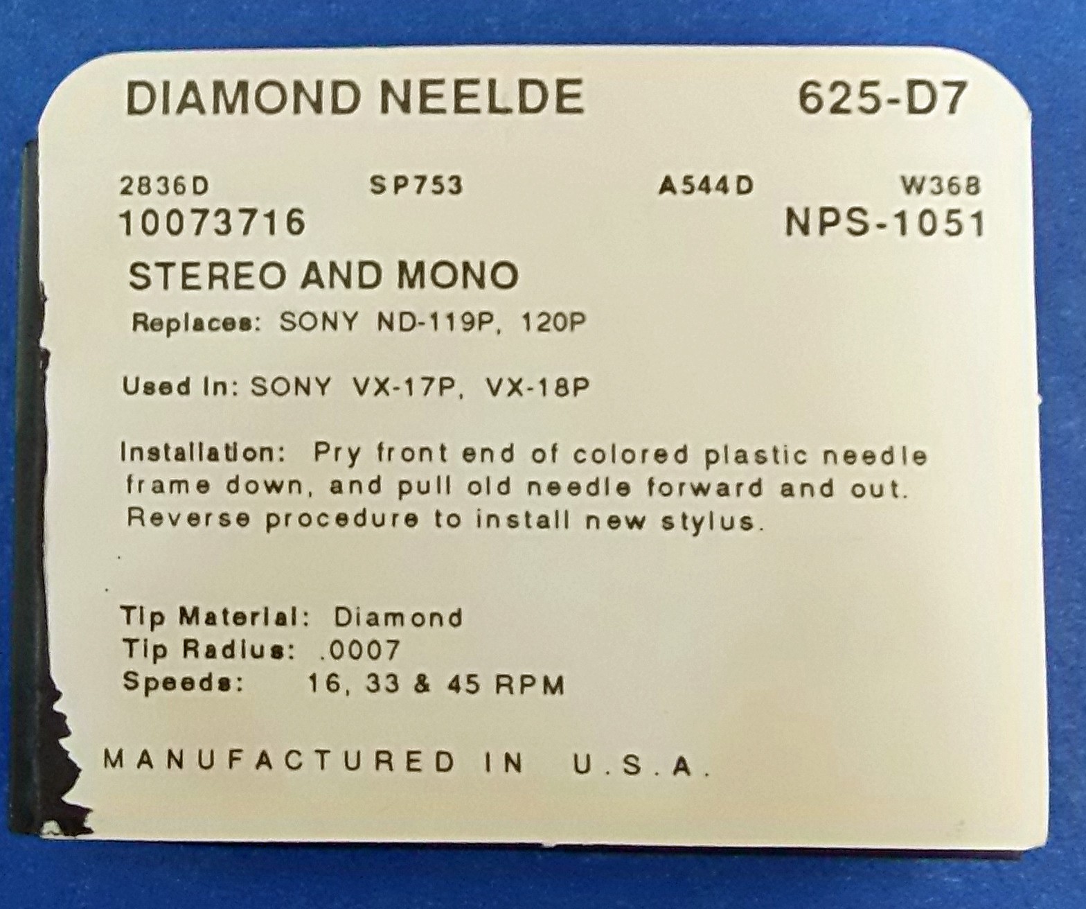 BRAND NEW TURNTABLE NEEDLE FOR Sony ND120P NS-119P fits Sony VX-17P 18P 625-D7