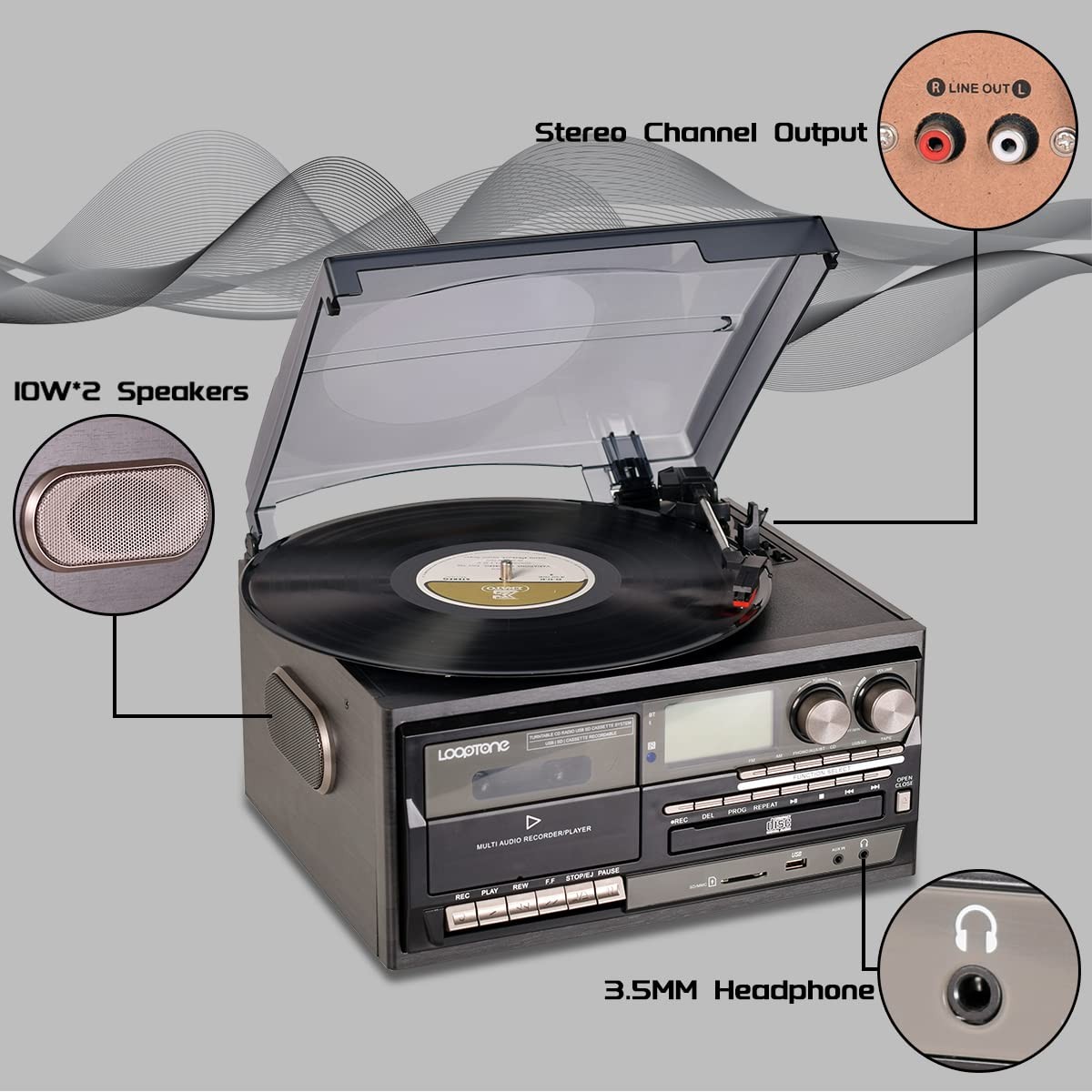 LoopTone Vinyl Record Player 10 in 1 3 Speed Bluetooth Vintage Black
