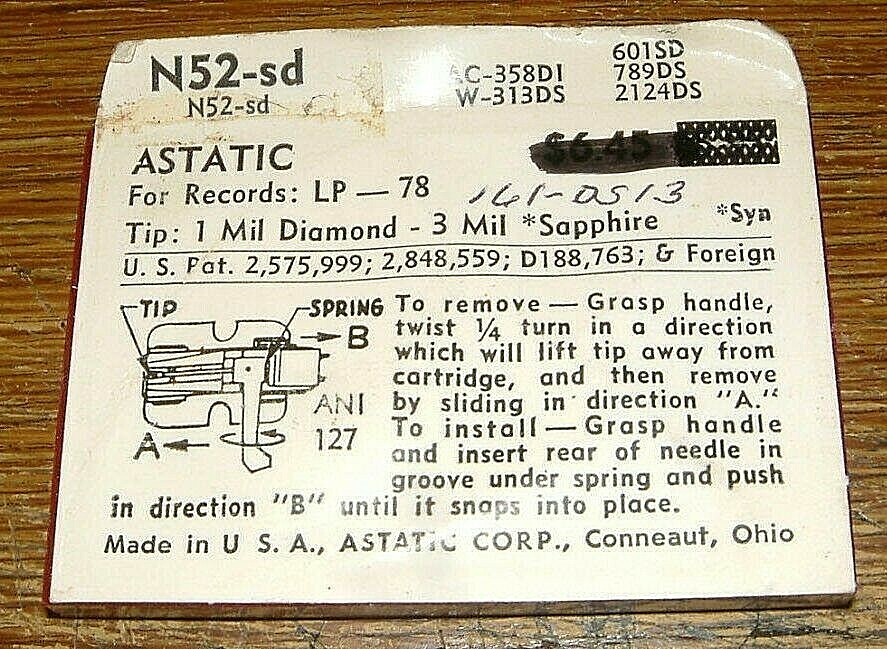 Phonograph NEEDLE N52-sd for Astatic 445 447, 601-SD EV2124DS AC358D1 161-DS13