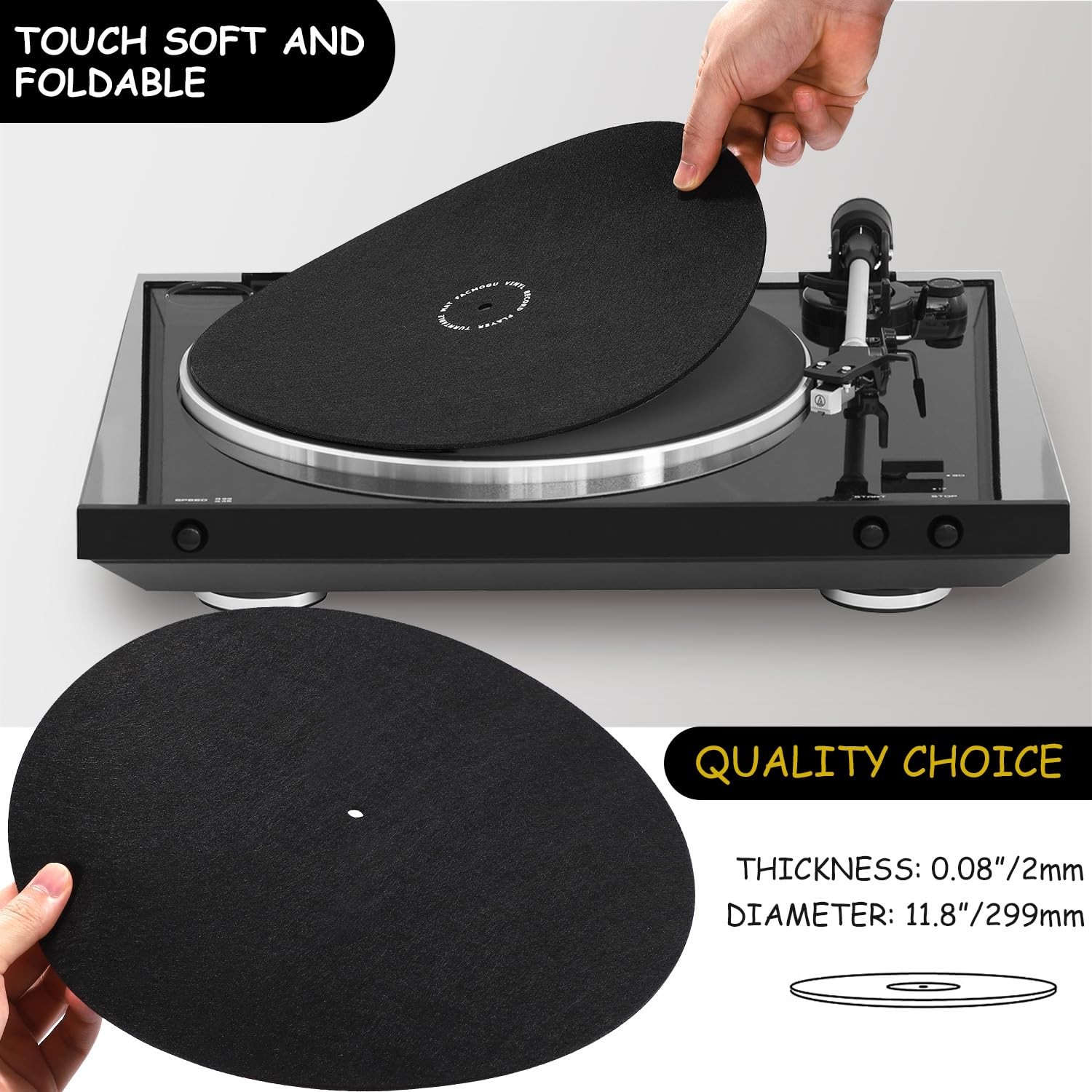 Facmogu 12 Inch Wool Turntable Slipmat, Anti Vibration 2mm Thickness, Black