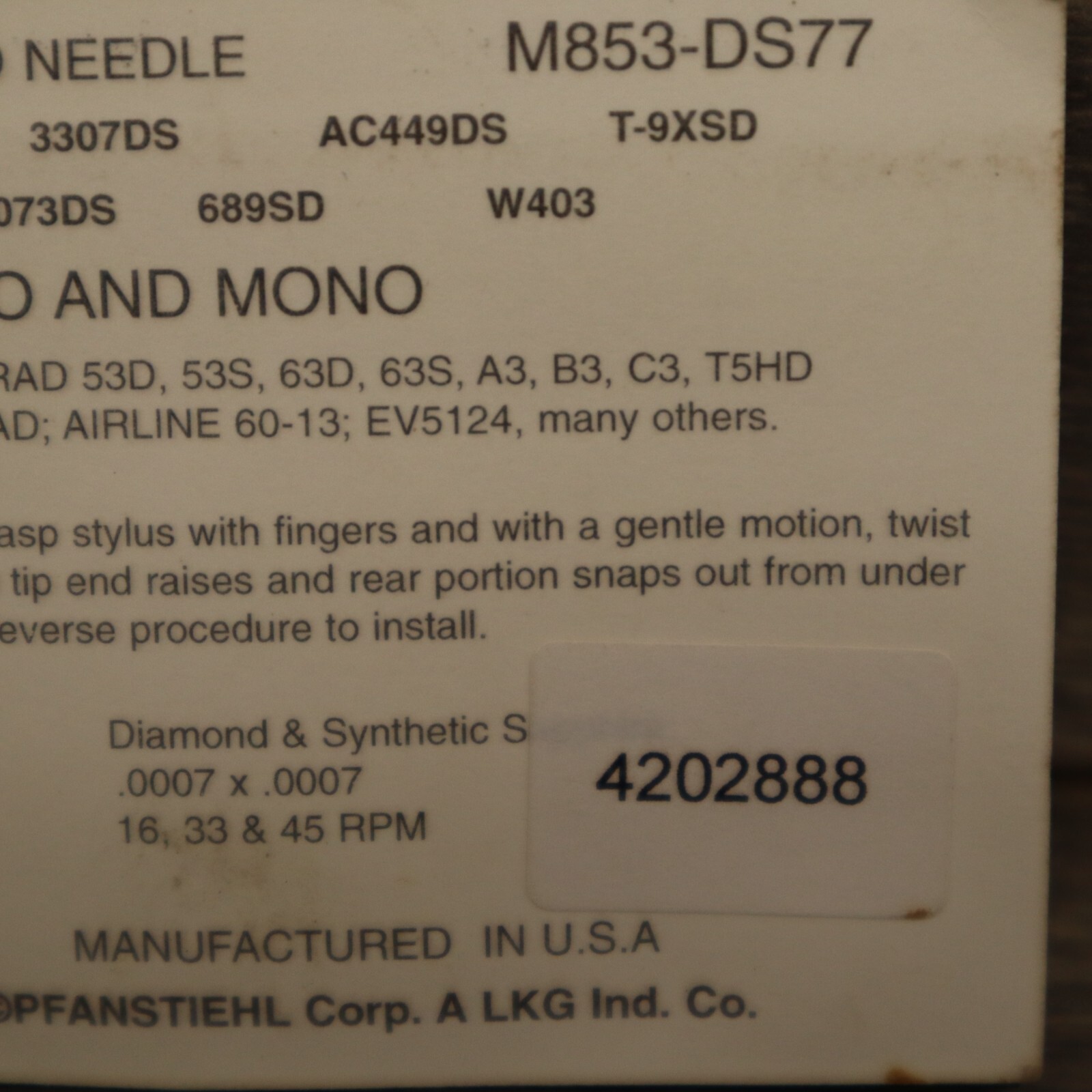 PFANSTIEHL NEEDLE STYLUS M853-DS77 for Tetrad 11D 23D 22D 43D see list