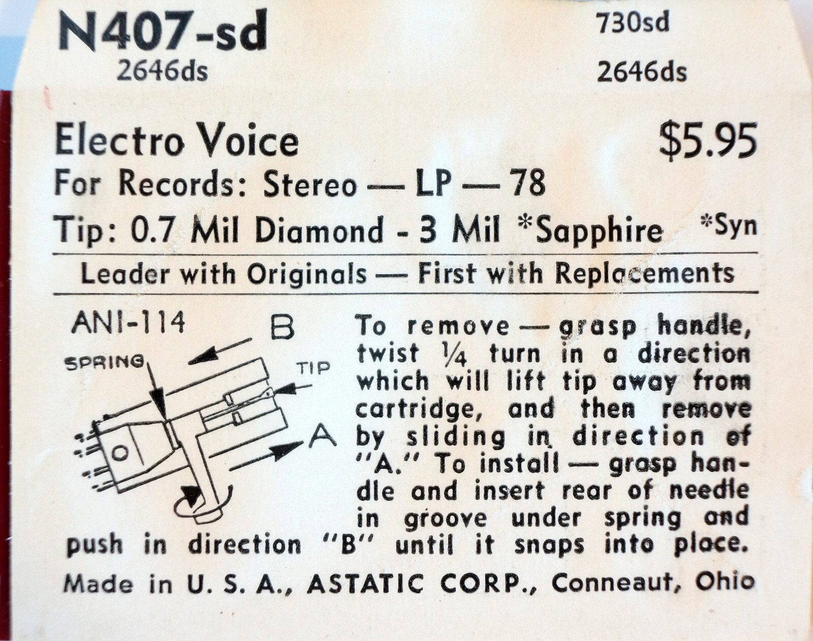 NOS Astatic Diamond Needle N407-sd for 730D 2646DS