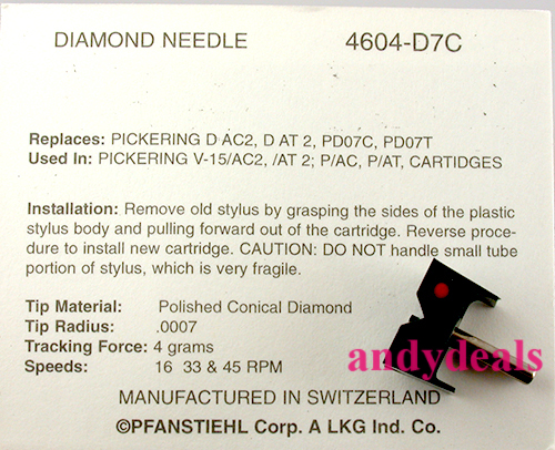 TURNTABLE NEEDLE STYLUS for PICKERING PD07T V15/AT2 V15 DAC2 NP/AC 4604-D7C D7T