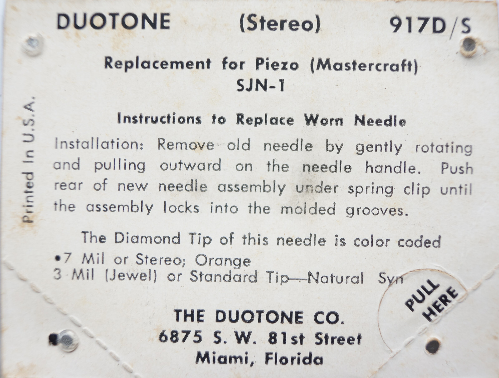 NOS Duotone 917D/S Diamond Phonograph Needle Stylus Piezo Mastercraft SJN-1
