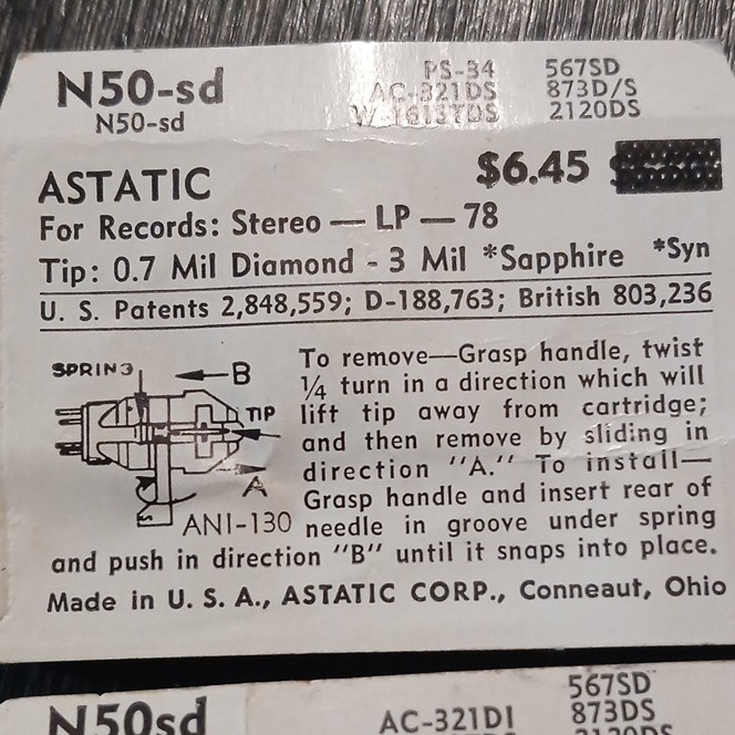 Astatic N50-SD Diamond Record Player Needle Stylus for PS-34 567SD 873D/S