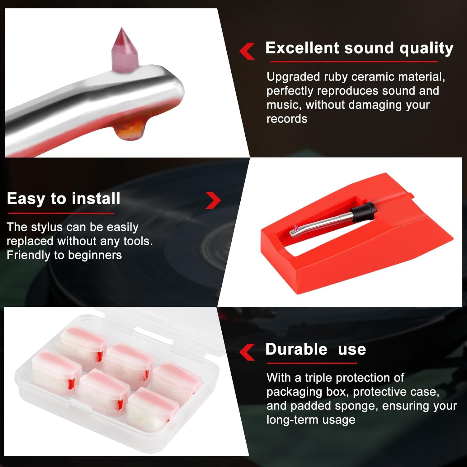 6 Pack Record Player Needle Replacement, Upgraded Vinyl Record Needle Compatible