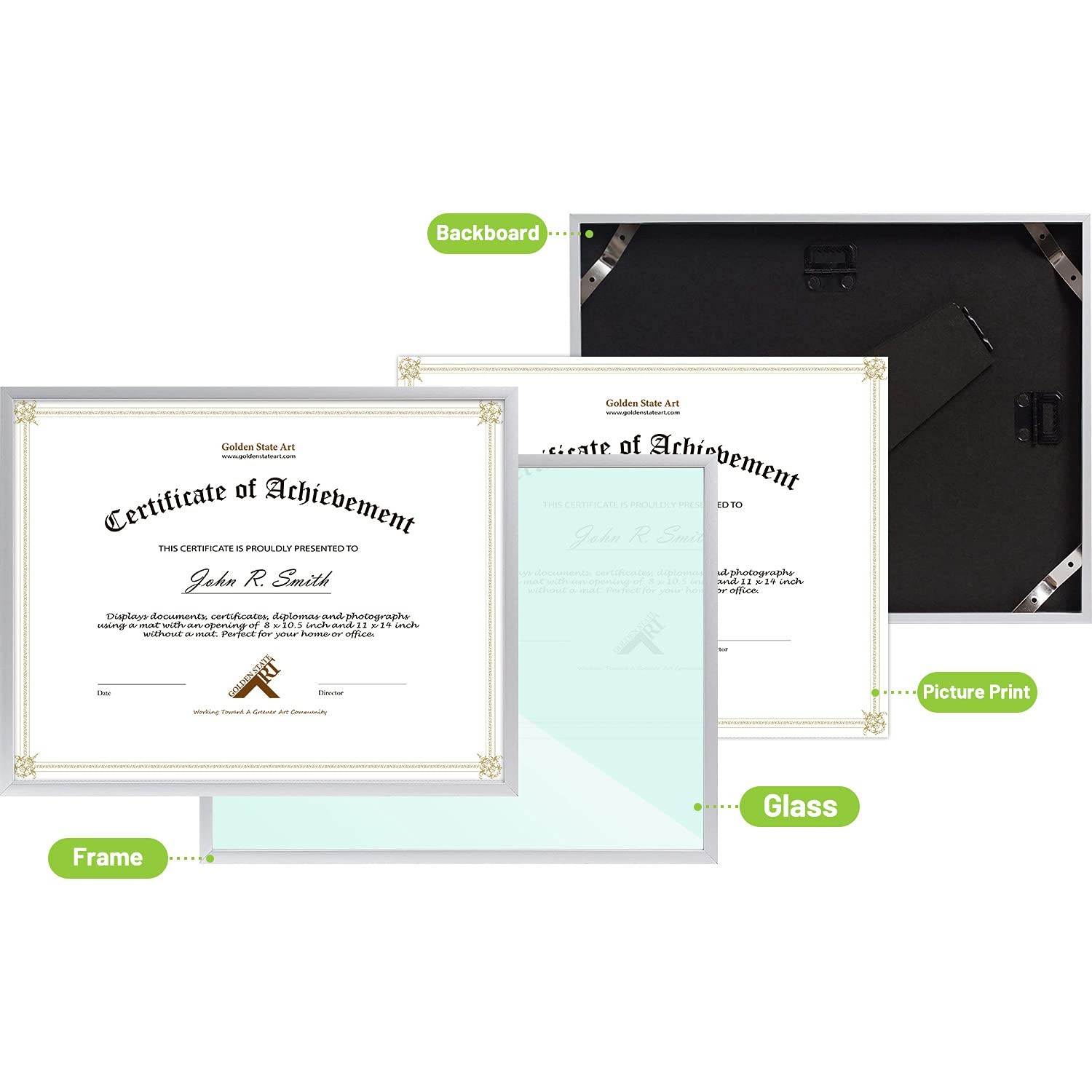 Golden State Art, 8.5×11 Aluminum Frame, Real Glass, Metal 1 Pack, Silver