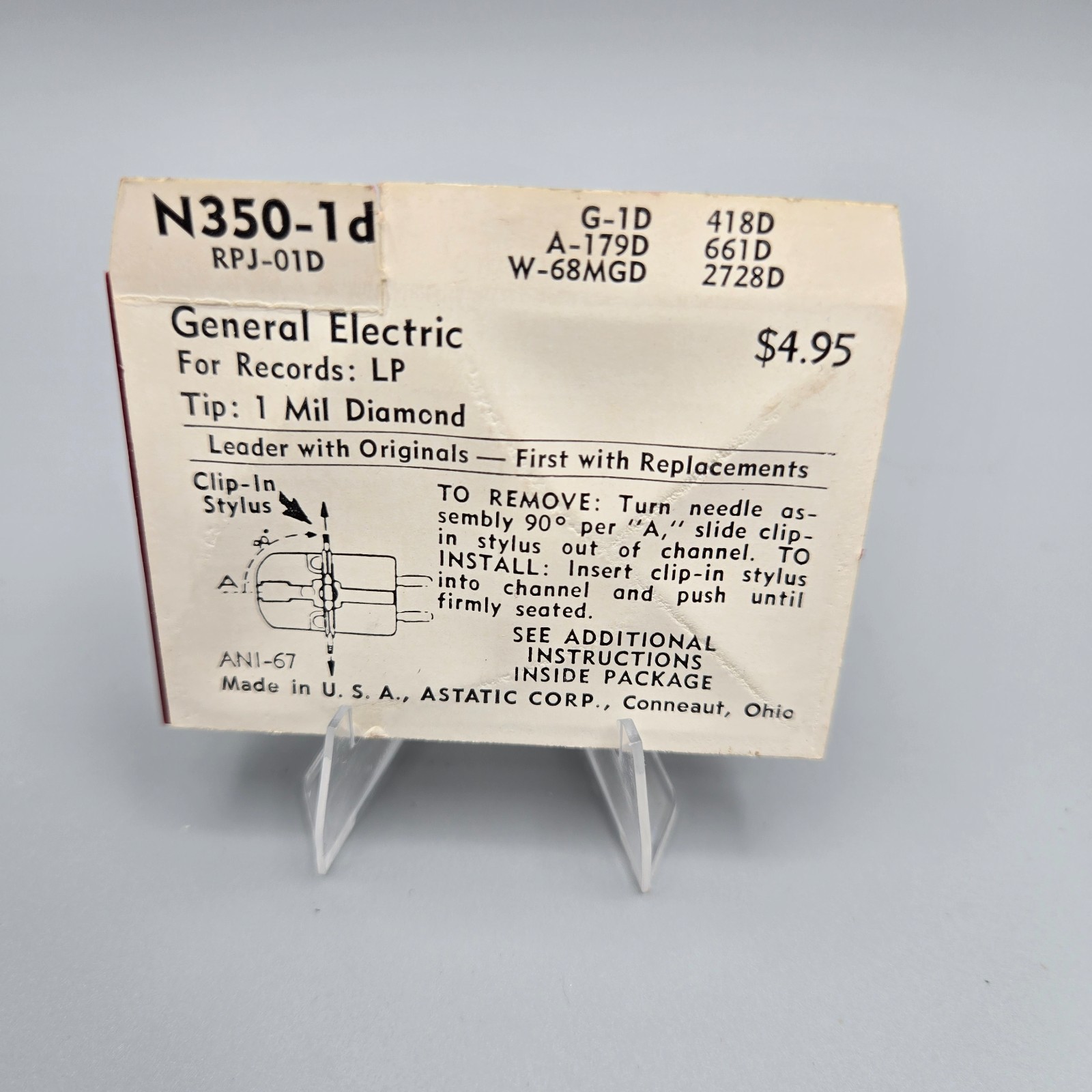 Vintage Astatic N350-1d RPJ-01D General Electric GE LP 1 Mil Diamond Stylus NOS