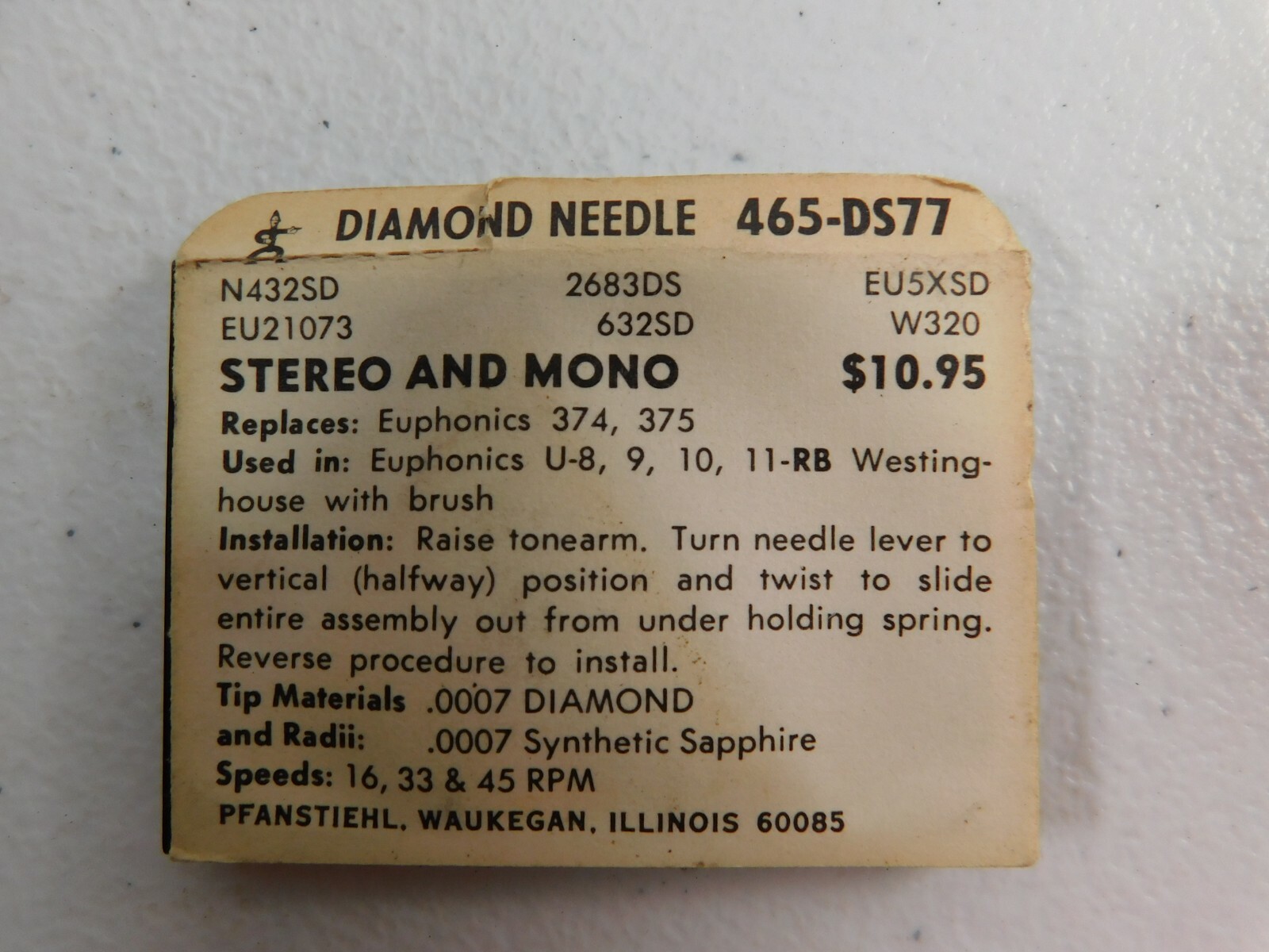 NOS Vintage Pfanstiehl DIAMOND NEEDLE 465-DS77 Replaces Euphonics 374 375