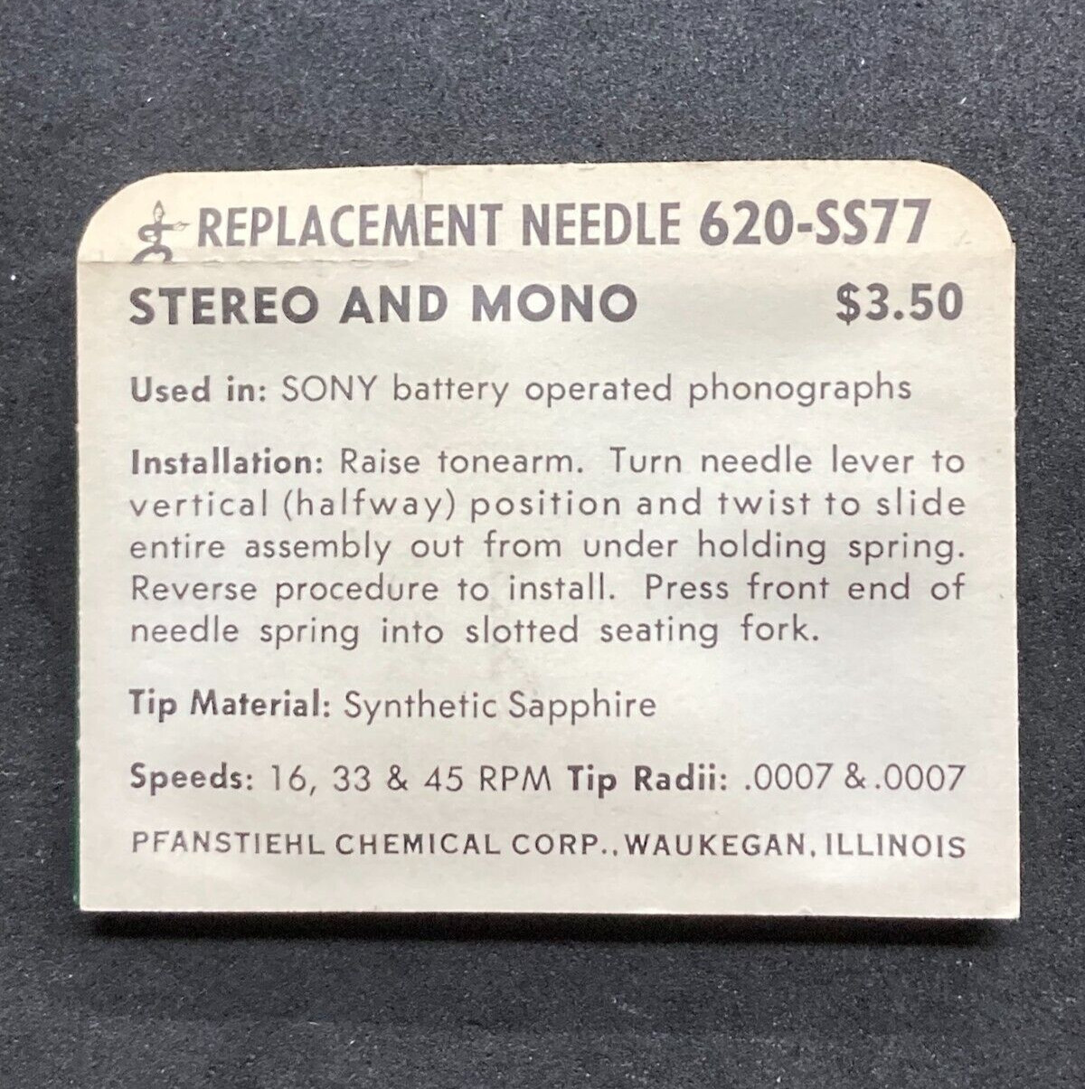 PFANSTIEHL Record Needle Replacement #620-SS77, New Old Stock, Unopened