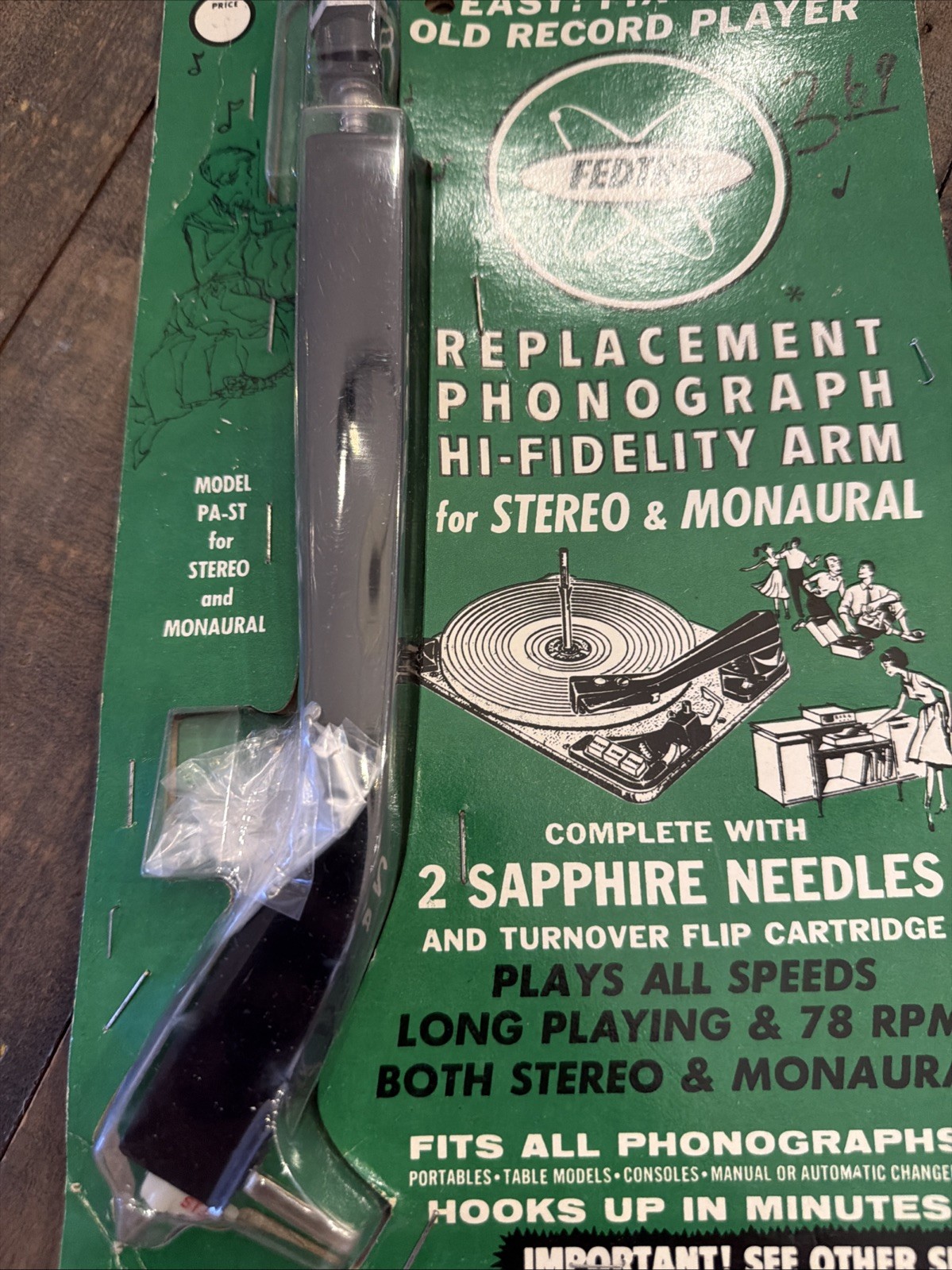 fedtro replacement phonograph hi-fidelity arm for stereo & monaural w- 2 needles