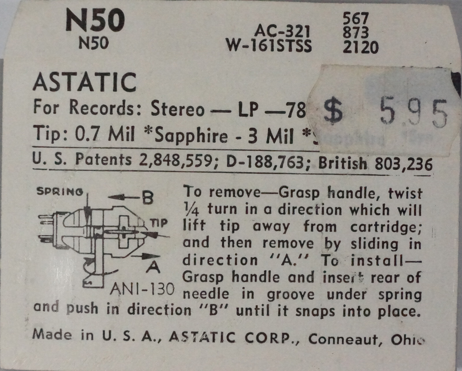 NOS ASTATIC N50 Needle Stylus for AC-321 567SD 873D/S 2120DS W-161STDS