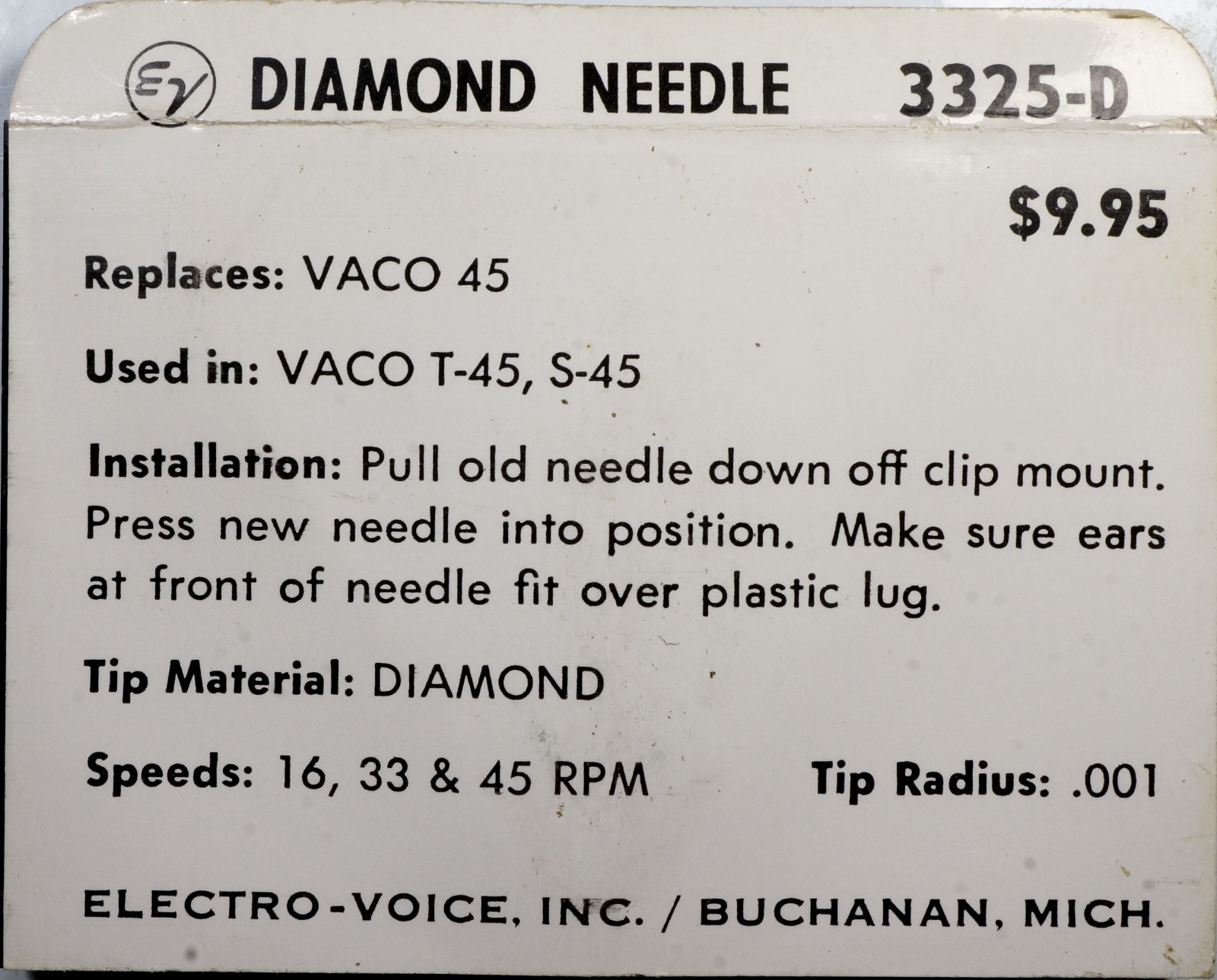 NOS Electro Voice EV 3325D Needle for VACO VARCO 45 T-45 S-45