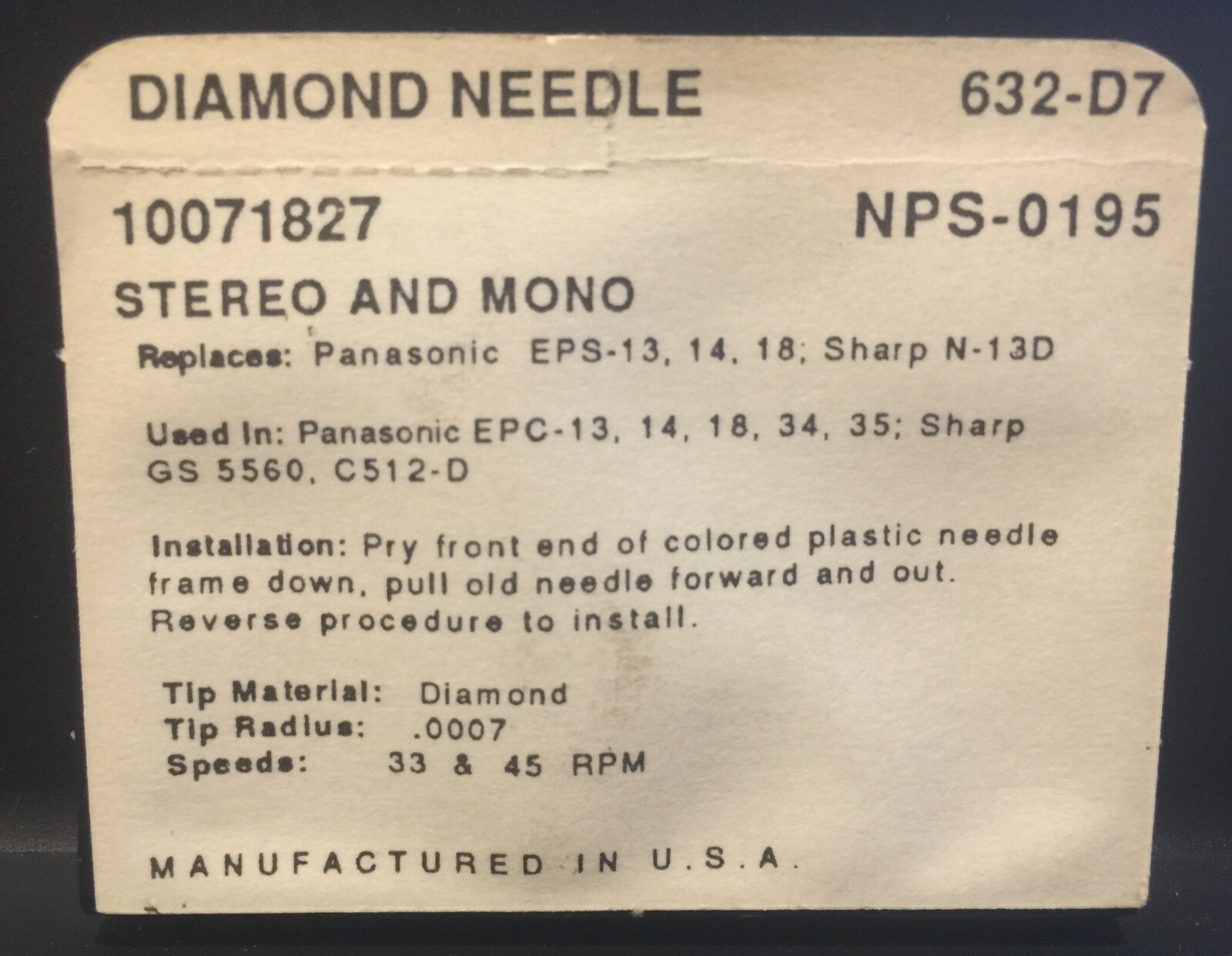 632-D7 Needle (Panasonic Cartridges) Free US Shipping