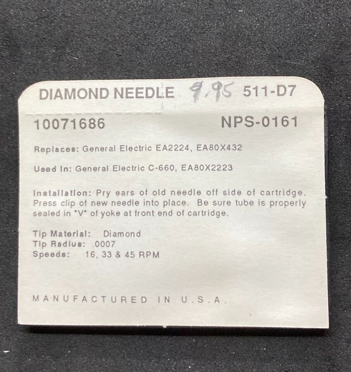 UNBRANDED Record Needle Diamond #511-D7, New Old Stock Unopened, Like Pfanstiehl