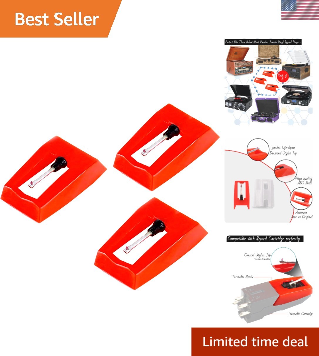 Versatile Turntable Needle Replacement Set for Vinyl Record Players – 3 Pieces