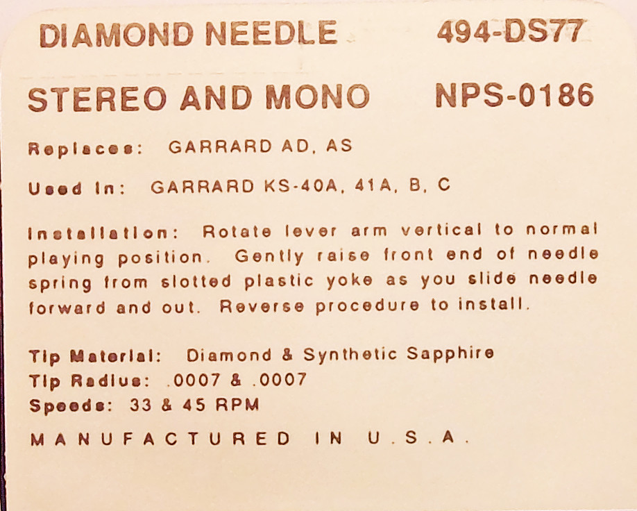 494-DS77 PHONOGRAPH NEEDLE for Garrard AD AS KS-40A 41A 41B 41C GDS-1 GDS-2