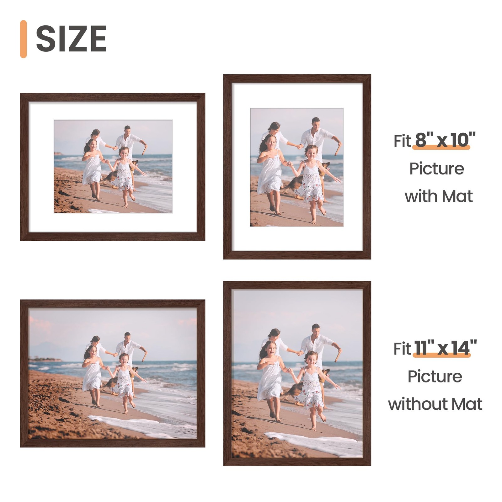 upsimples 11×14 Picture Frame, Display Pictures 8×10 with Mat or 11×14, Brown