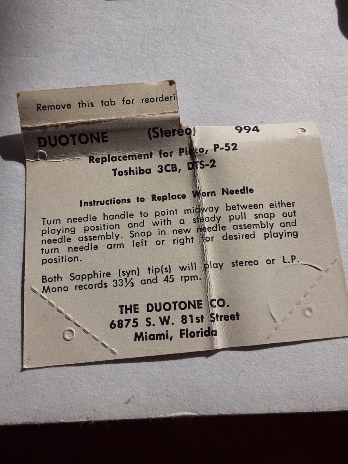 🌴 NOS Duotone 994 Diamond Replacement for Piezo, Toshiba Phonograghic Needle
