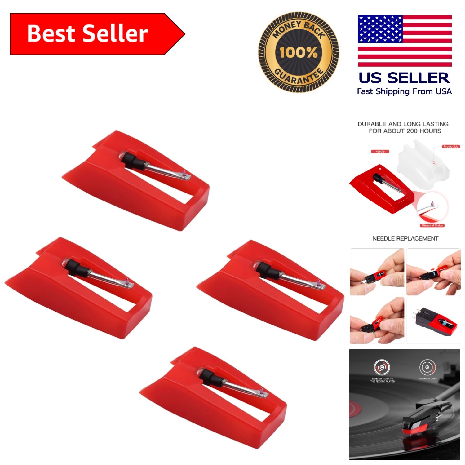 4pcs Diamond Stylus Replacement Needles for Suitcase Turntables & Vinyl Players