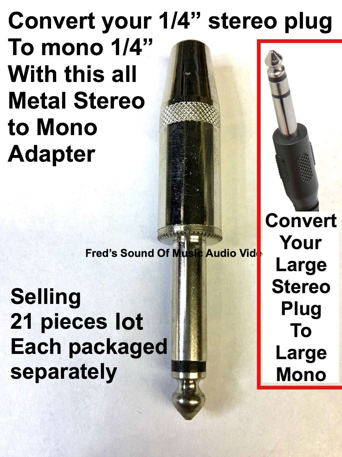 Stereo to Mono Metal 1/4″ Adapter, converts Stereo to Mono 1/4″ 21 piece lot