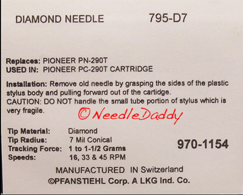 PIONEER PN-290T PN-290 Replacement NEEDLE STYLUS Pfanstiehl 795-D7 PN300T PC290