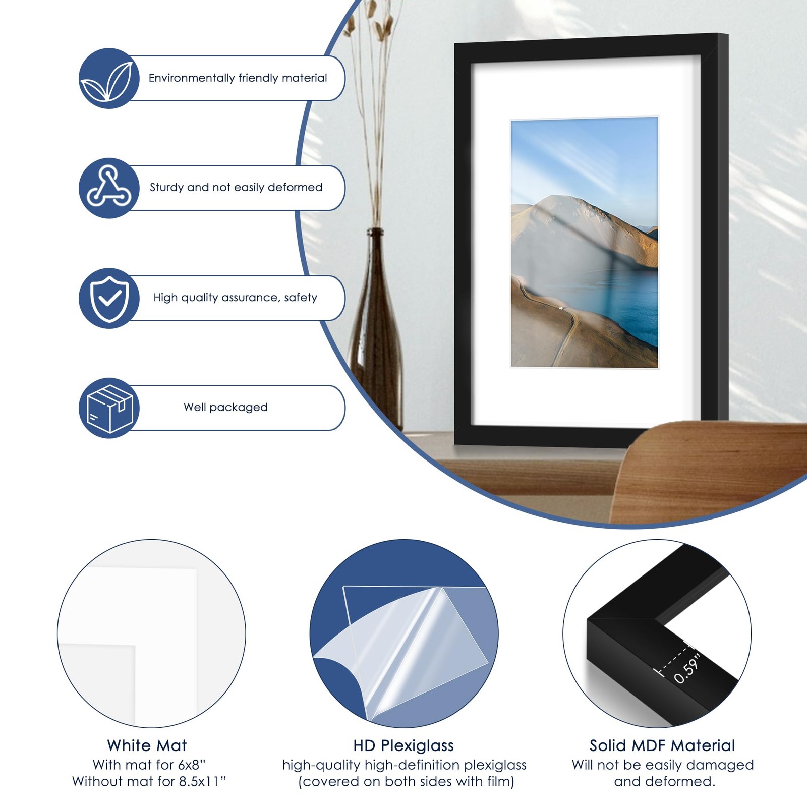 PEALSN 11×17 Picture Frame, Display Pictures 8 x 12 with Mat or 11×17, Black
