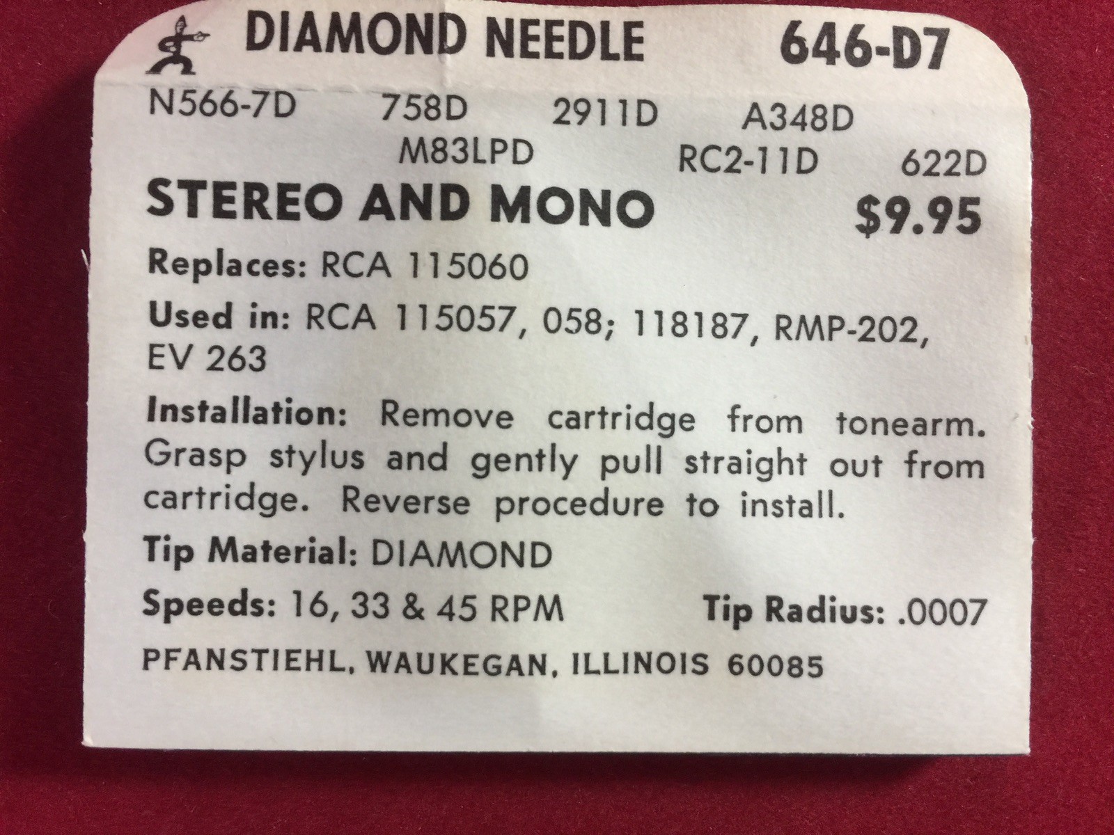 NOS PFANSTIEHL 646-DS7 STYLUS NEEDLE Replaces RCA 115060 Used In RCA 115057, RMP
