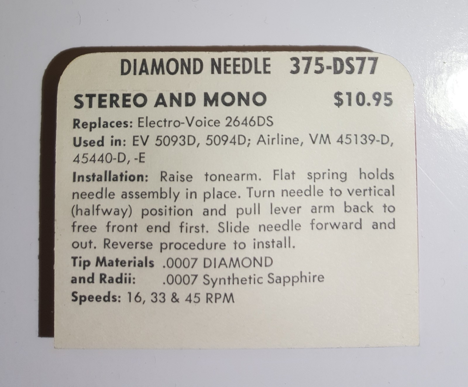NEW Superb Diamond Needle 375-DS77 replaces Electro-Voice 2646DS, EV, Airline,VM