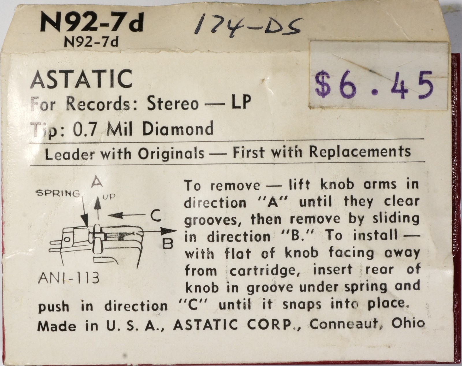 NOS Astatic N92-7d Diamond Needle for Astatic 201D 205D 209D 211D Cartridge