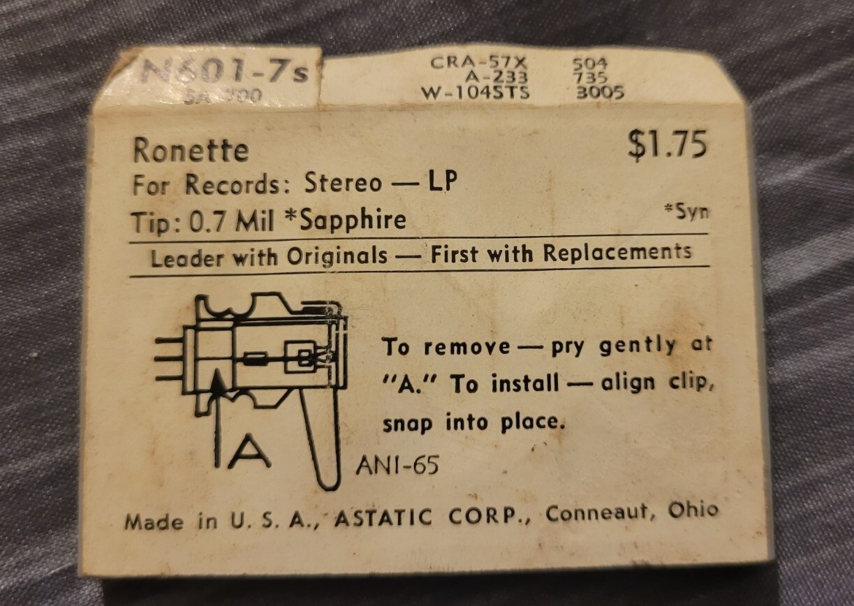 VTG Record Player Needle Stylus Astatic N601-7s for Ronette LP Turntable NOS