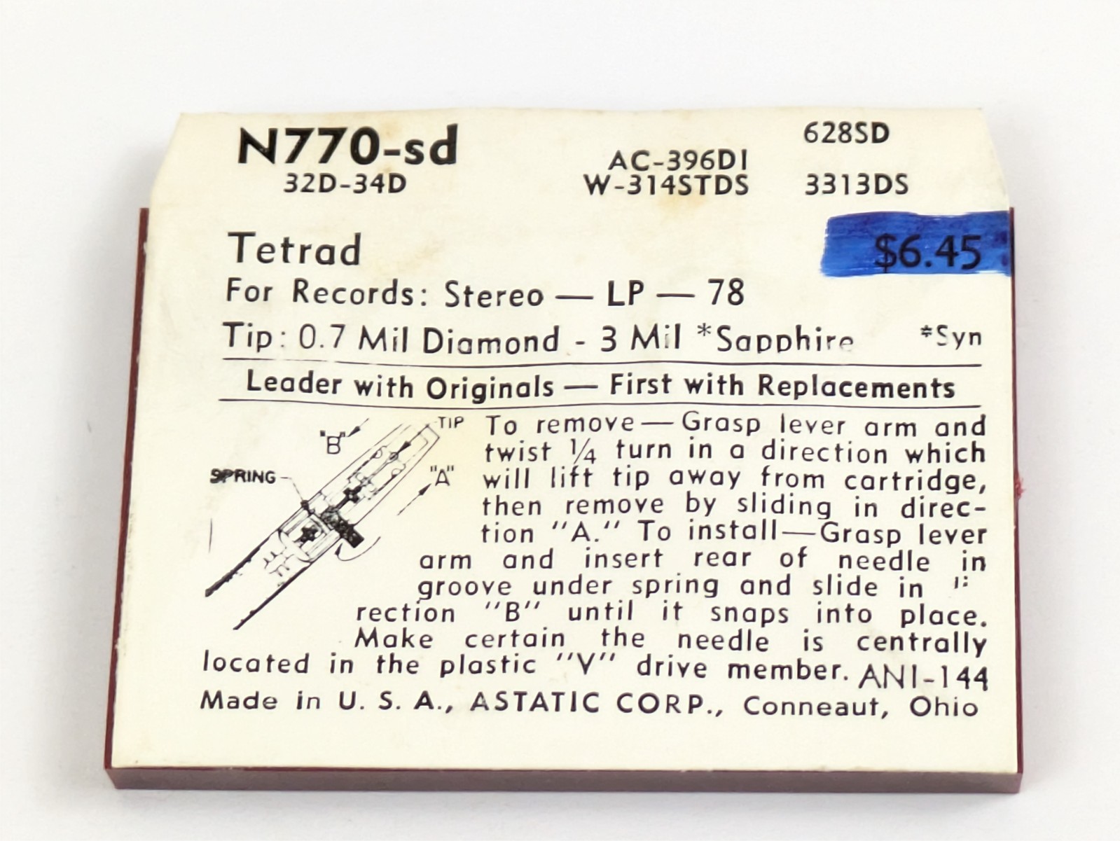 Astatic N770-sd Diamond Needle Tetrad-32D-34D 78 LP Stylus AC-396D1 628SD 3313DS